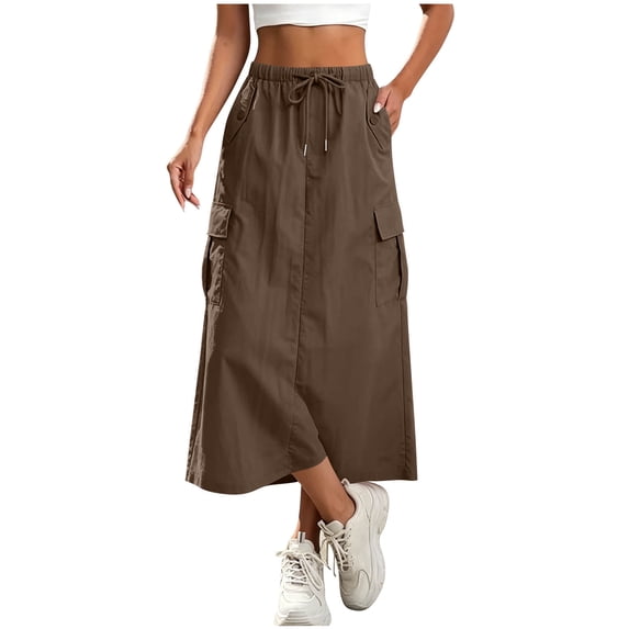 Kilaqueen Women's Cargo Maxi Skirt with Drawstring Waist, Casual Long Skirt with Side Pockets for Travel, Hiking, Work and Outdoor Activities