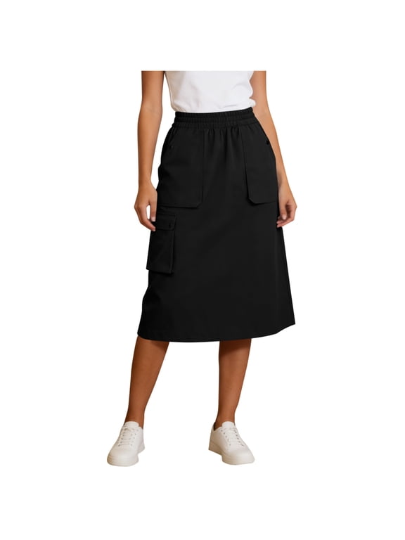 Women's Cargo Midi Skirt with Pockets, Elastic Waist A Line Outdoor Skirt for Travel, Hiking, Work, Outdoor Activities and Casual Everyday Wear