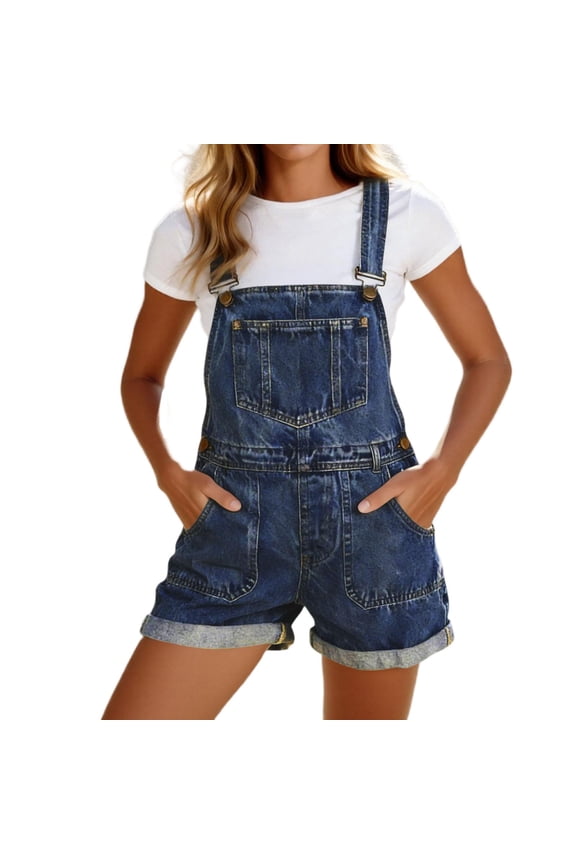 Women's Casual Denim Bib Overall Shorts Adjustable Straps Cuffed Hem Shortall Rompers with Pockets