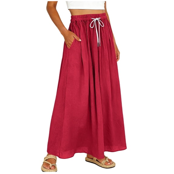 Kilaqueen Women's Cotton Linen Maxi Skirt with Drawstring Waist and Pockets, Flowy A Line Long Skirt for Beach Vacation, Travel and Casual Summer Wear