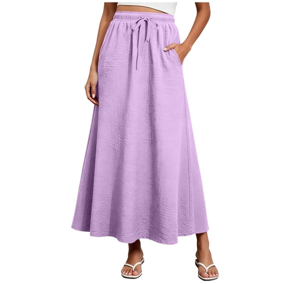 Kilaqueen Women's Cotton Linen Maxi Skirt with Drawstring Waist and Pockets, Flowy A Line Long Skirt for Beach, Vacation, Travel and Casual Summer Wear