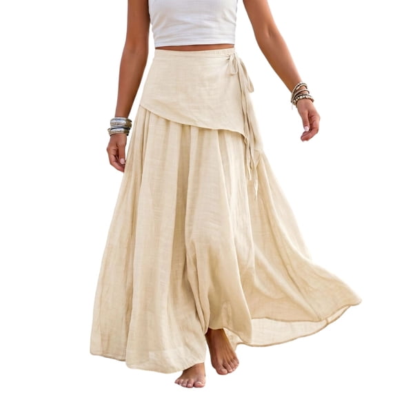 Kilaqueen Women's Cotton Linen Maxi Skirt with Wrap Front and Side Tie, Flowy A Line Long Skirt for Beach Vacation, Travel and Boho Summer Outfits