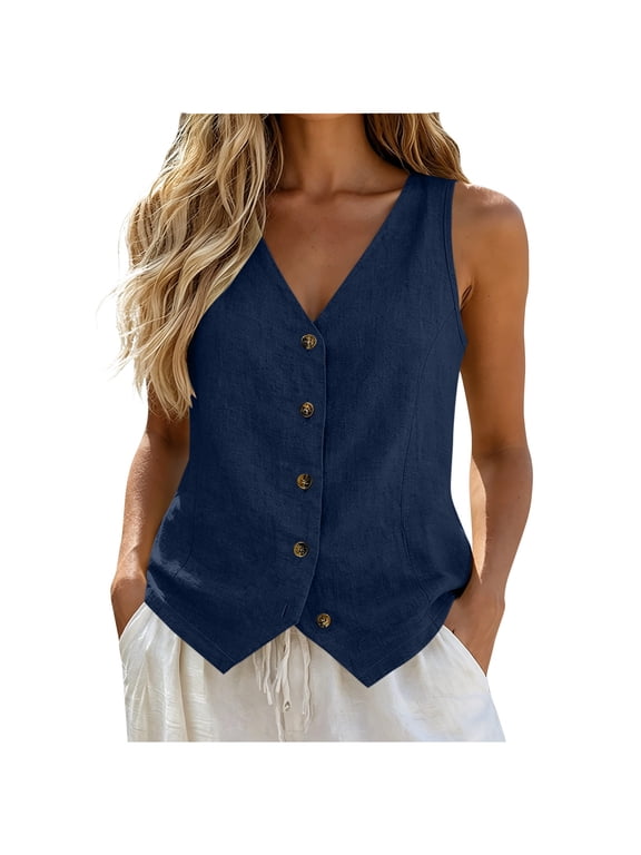 Women's Cotton Linen Vest V Neck Button Down Business Work Vacation Sleeveless Blazer Waistcoat Jacket Tank Vest Tops