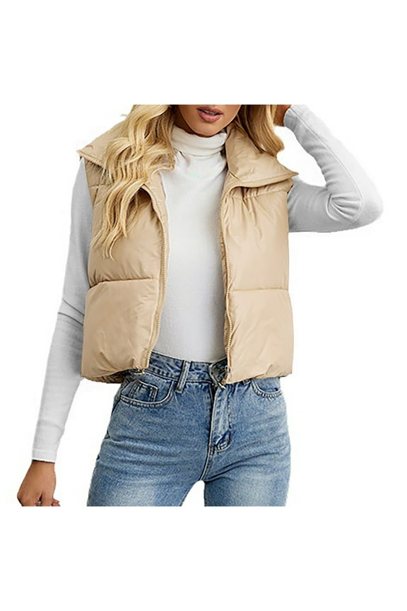 Women's Crop Puffer Vest Stand Collar Full Zip Up Sleeveless Jacket Coat Lightweight Padded Gilet Coat