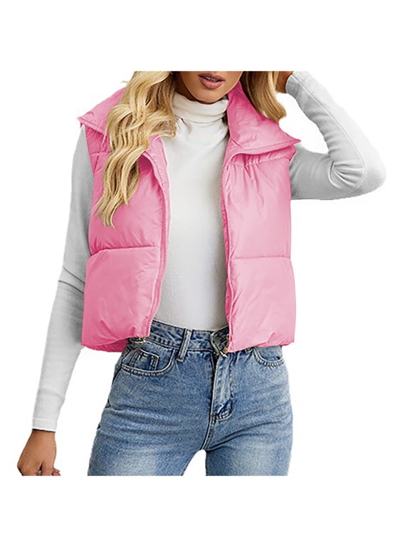 Women's Crop Puffer Vest Stand Collar Full Zip Up Sleeveless Jacket Coat Lightweight Padded Gilet Coat