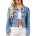 thumbnail image 1 of Kilaqueen Women's Cropped Denim Jean Jacket Long Sleeves Button-Down Basic Crop Jean Shacket with Pockets Casual Classic Cloths, 1 of 8