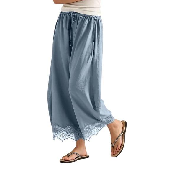 Kilaqueen Women's Cropped Lace Hem Wide Leg Pants Summer Casual Drawstring High Waist Ruffle Boho Beach Vacation Barrel Palazzo Trousers