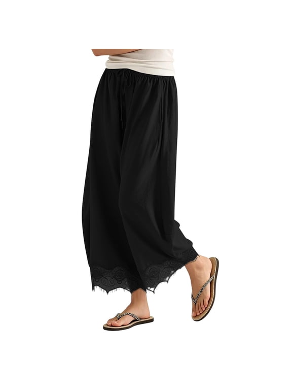 Women's Cropped Lace Hem Wide Leg Pants Summer Casual Drawstring High Waist Ruffle Boho Beach Vacation Barrel Palazzo Trousers