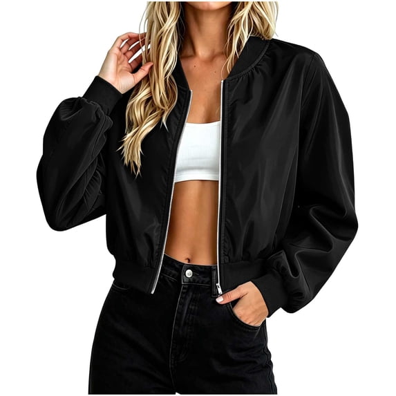 Kilaqueen Women's Cropped Windbreaker Jacket, Water-Resistant Full Zip Long Sleeve Outdoor Coat with Stand Collar for Hiking, Running and Travel