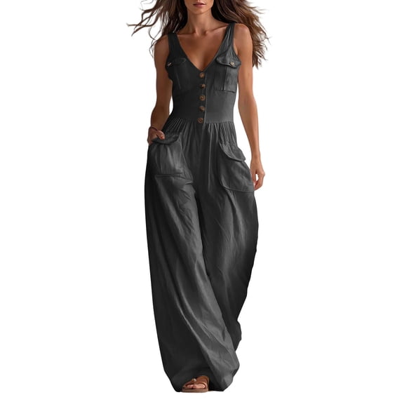 Kilaqueen Women's Dressy Summer Casual Jumpsuits Button V Neck Sleeveless Flowy One Piece Wide Leg Pants Romper with Pockets