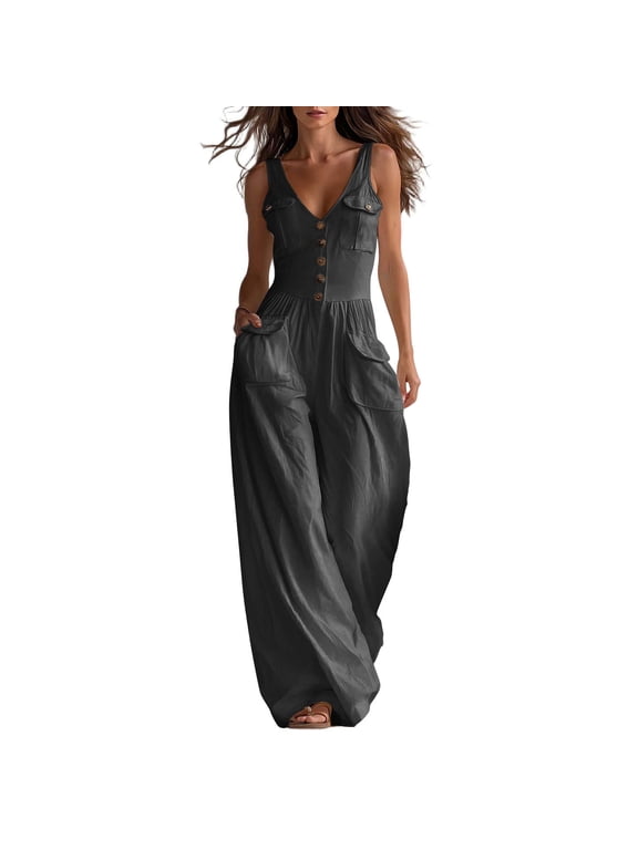 Women's Dressy Summer Casual Jumpsuits Button V Neck Sleeveless Flowy One Piece Wide Leg Pants Romper with Pockets