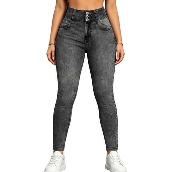 Kilaqueen Women's Faux Denim High Waist Skinny Jeggings with Button Detail, Pull On Stretch Leggings for Casual Outings, Travel and Everyday Wear