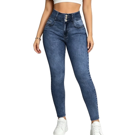 Kilaqueen Women's Faux Denim High Waist Skinny Jeggings with Button Detail, Pull On Stretch Leggings for Casual Outings, Travel and Everyday Wear