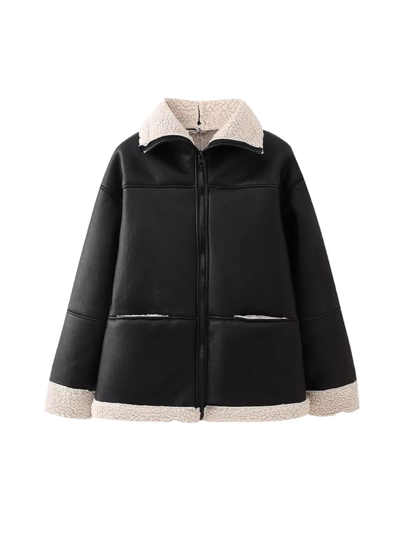Women's Faux Shearing Long Jacket Zip Up Long Leeve Oversized Faux Leather Coat Moto Bomber Outerwear
