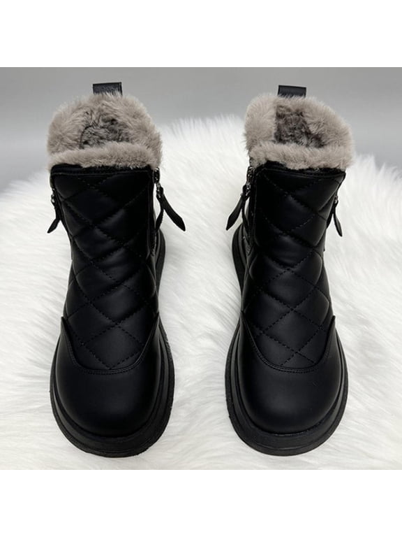 Women's Flat Ankle Boots, Side Zipper Quilted Plush Lined Snow Boots, Winter Warm Outdoor Walking Shoes Slip On Memory Foam Anti-Slip Short Booties for Cold Weather