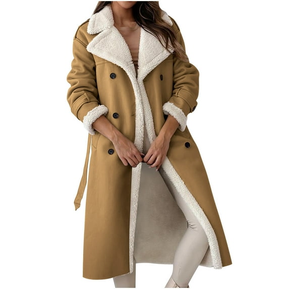 Kilaqueen Women's Fleece Lined Jacket Warm Thicken Notch Lapel Coats Casual Long Length Solid Color Jacket