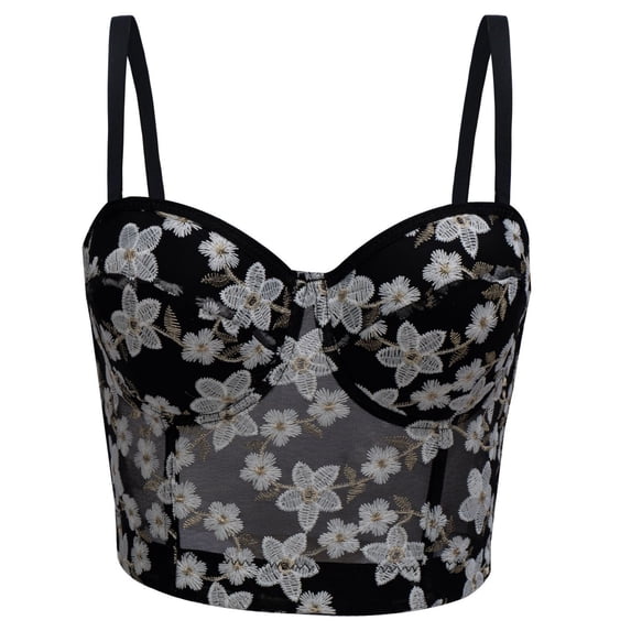 Kilaqueen Women's Floral Embroidered Corset Top, Spaghetti Strap Mesh Bustier Crop Top with Structured Cups for Parties, Dates and Going Out