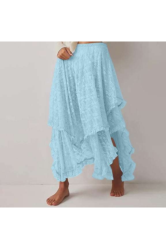 Women's Floral Lace Long Skirts Summer Elastic Waist Asymmetrical Layered See-Through Maxi Skirts Sexy Sheer A-Line Flowy Beach Skirt