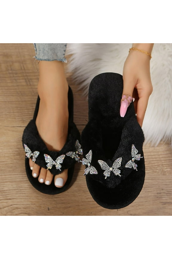 Women's Fluffy Flip-Flops for Indoor and Outdoor Fashion Cozy House Slippers Lightweight Open Toe Bridal Slippers Non-Slip SPA Thong Slippers