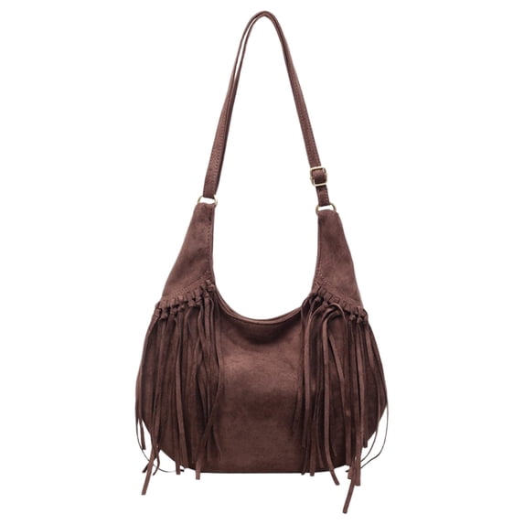 Kilaqueen Women's Fringe Hobo Bag, Soft Faux Suede Tassel Shoulder Purse with Wide Strap for Festivals, Travel, Shopping and Casual Everyday Outfits