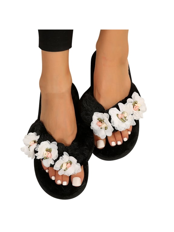 Women's Fuzzy Flip Flops Cozy Lightweight Memory Foam Thong Sandals Anti-Skid Indoor Outdoor Soft Comfy Open Toe Fluffy Slip On Thong Slippers Floral House Bedroom Slides Spa Flip Flops