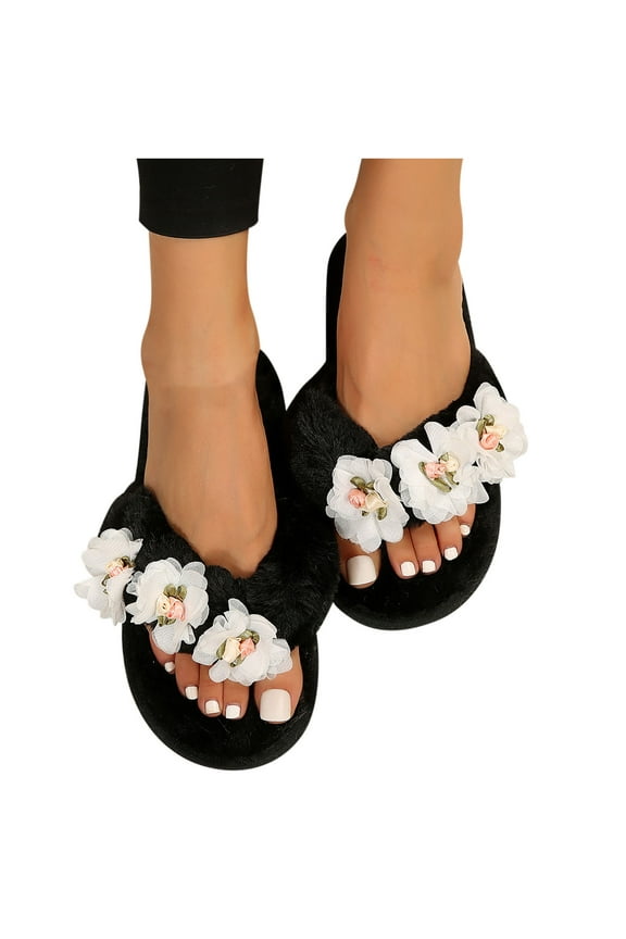 Women's Fuzzy Flip Flops Cozy Lightweight Memory Foam Thong Sandals Anti-Skid Indoor Outdoor Soft Comfy Open Toe Fluffy Slip On Thong Slippers Floral House Bedroom Slides Spa Flip Flops