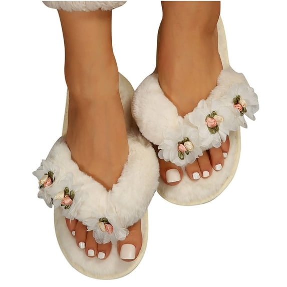 Kilaqueen Women's Fuzzy Flip Flops Cozy Lightweight Memory Foam Thong Sandals Anti-Skid Indoor Outdoor Soft Comfy Open Toe Fluffy Slip On Thong Slippers Floral House Bedroom Slides Spa Flip Flops