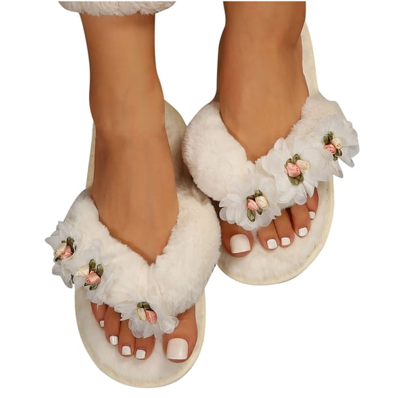 Kilaqueen Women's Fuzzy Flip Flops Cozy Lightweight Memory Foam Thong Sandals Anti-Skid Indoor Outdoor Soft Comfy Open Toe Fluffy Slip On Thong Slippers Floral House Bedroom Slides Spa Flip Flops