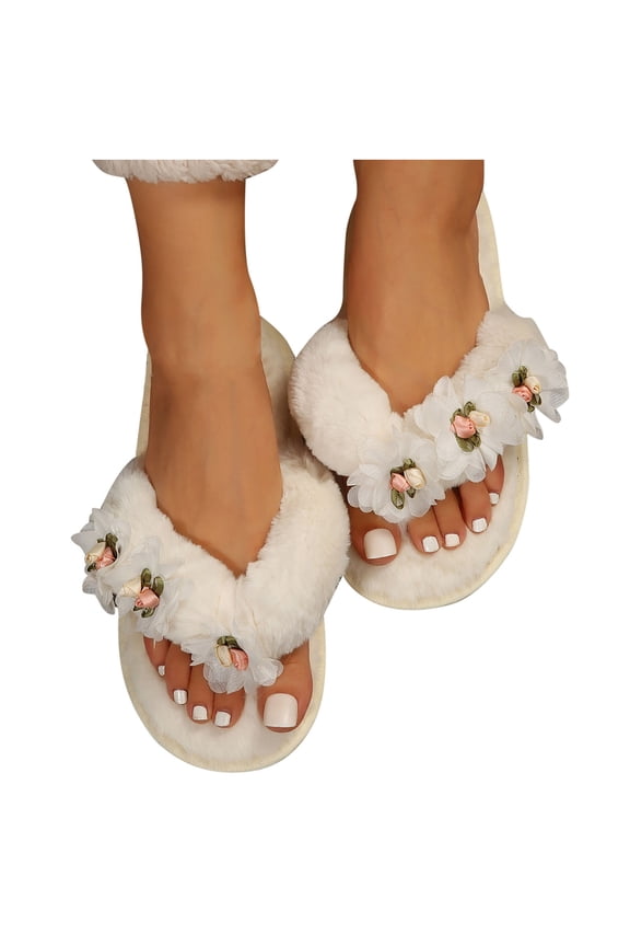 Women's Fuzzy Flip Flops Cozy Lightweight Memory Foam Thong Sandals Anti-Skid Indoor Outdoor Soft Comfy Open Toe Fluffy Slip On Thong Slippers Floral House Bedroom Slides Spa Flip Flops