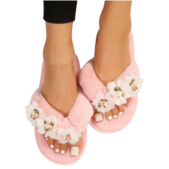 Kilaqueen Women's Fuzzy Flip Flops Cozy Lightweight Memory Foam Thong Sandals Anti-Skid Indoor Outdoor Soft Comfy Open Toe Fluffy Slip On Thong Slippers Floral House Bedroom Slides Spa Flip Flops