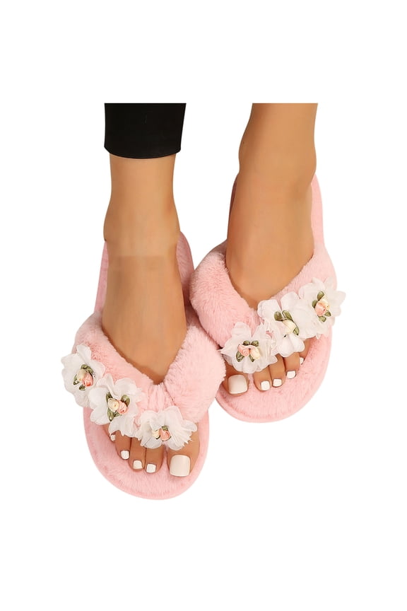 Women's Fuzzy Flip Flops Cozy Lightweight Memory Foam Thong Sandals Anti-Skid Indoor Outdoor Soft Comfy Open Toe Fluffy Slip On Thong Slippers Floral House Bedroom Slides Spa Flip Flops