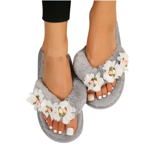 Kilaqueen Women's Fuzzy Flip Flops Cozy Lightweight Memory Foam Thong Sandals Anti-Skid Indoor Outdoor Soft Comfy Open Toe Fluffy Slip On Thong Slippers Floral House Bedroom Slides Spa Flip Flops