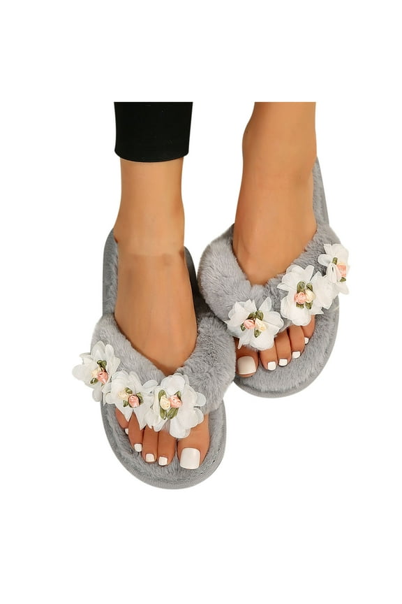 Women's Fuzzy Flip Flops Cozy Lightweight Memory Foam Thong Sandals Anti-Skid Indoor Outdoor Soft Comfy Open Toe Fluffy Slip On Thong Slippers Floral House Bedroom Slides Spa Flip Flops