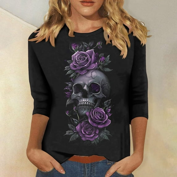 Kilaqueen Women's Halloween Tshirts 3/4 Sleeve Graphic Tees Round Neck Plus Size Holiday Shirts Vintage Casual Funny Fall Pullover Tops Halloween Customs