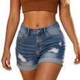 thumbnail image 1 of Kilaqueen Women's High Waisted Denim Shorts with Distressed Detail and Rolled Hem, Stretch Jean Shorts with Pockets for Summer and Casual Wear, 1 of 5