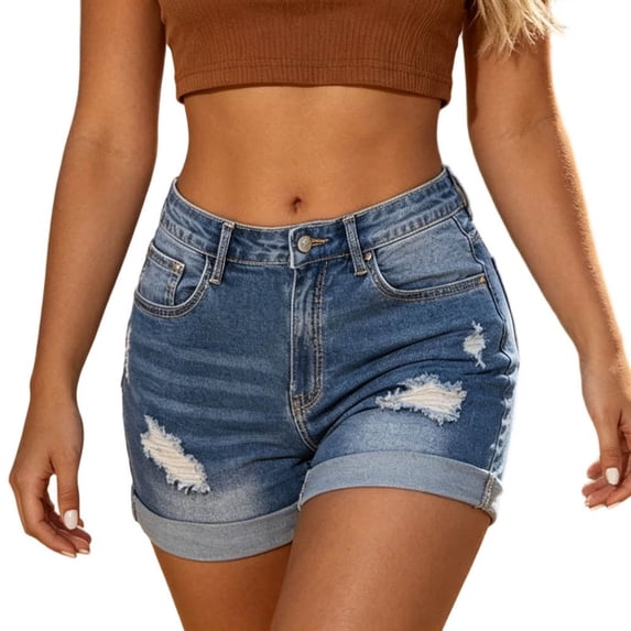 Kilaqueen Women's High Waisted Denim Shorts with Distressed Detail and Rolled Hem, Stretch Jean Shorts with Pockets for Summer and Casual Wear