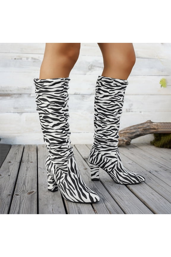 Women's Knee High Boots Fall Fashion Zebra Print Faux Suede Boots Pointed Toe High Chunky Heel Slouchy Boots Fashion Winter Shoes for Party, Club, Night Out