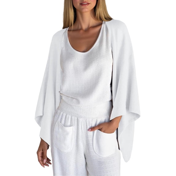Kilaqueen Women's Linen Cardigan 3/4 Sleeve Open Front Lightweight Kimono Shrugs Summer Casual Loose Cover Ups Beach Vacation Outfits