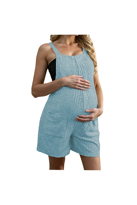 Women's Maternity Jumpsuit Shorts Solid Color Ribbed Knit Sleeveless Jumpsuits with Pockets Over The Belly Casual Trendy Romper