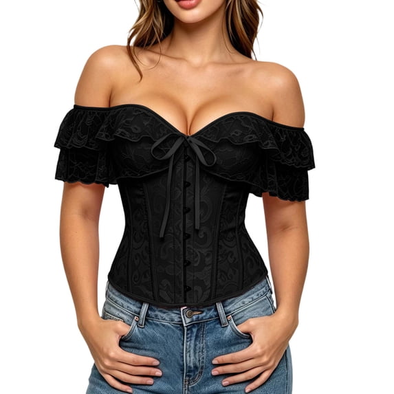 Kilaqueen Women's Off Shoulder Corset Top, Lace Ruffle Sleeve Bustier with Front Lace Up Detail, Vintage Renaissance Top for Parties and Festivals