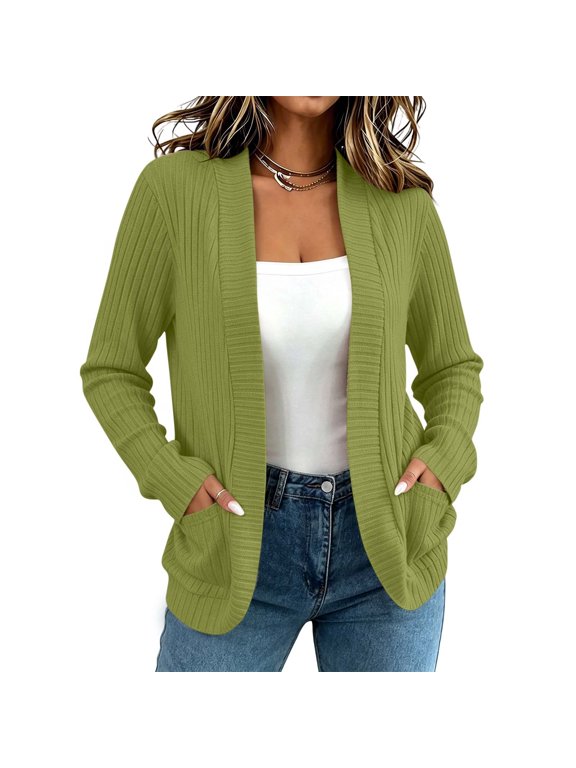 Women's Open Front Cardigan Sweater, Long Sleeve Ribbed Knit Top with Patch Pockets, Lightweight Casual Layering Jacket for Fall