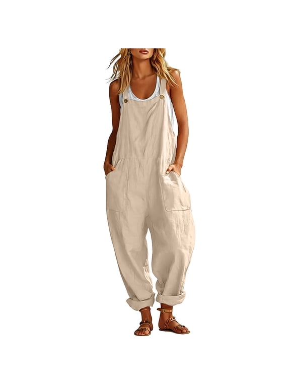 Women's Overalls Cotton Boho Casual Harem Long Bib Pants Jumpsuit Summer Adjustable Strap Square Neck Baggy Romper with Pockets
