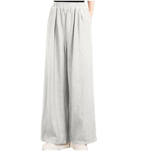 Kilaqueen Women's Palazzo Cotton Linen Pants Wide Leg Casual Loose Elastic Waist Beach Travel Vacation Harem Pants with Pockets