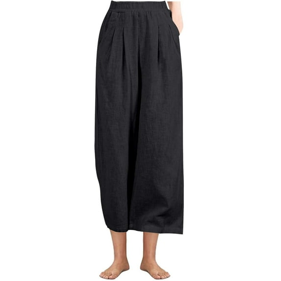 Kilaqueen Women's Palazzo Cotton Linen Pants Wide Leg Casual Loose Elastic Waist Beach Travel Vacation Harem Pants with Pockets