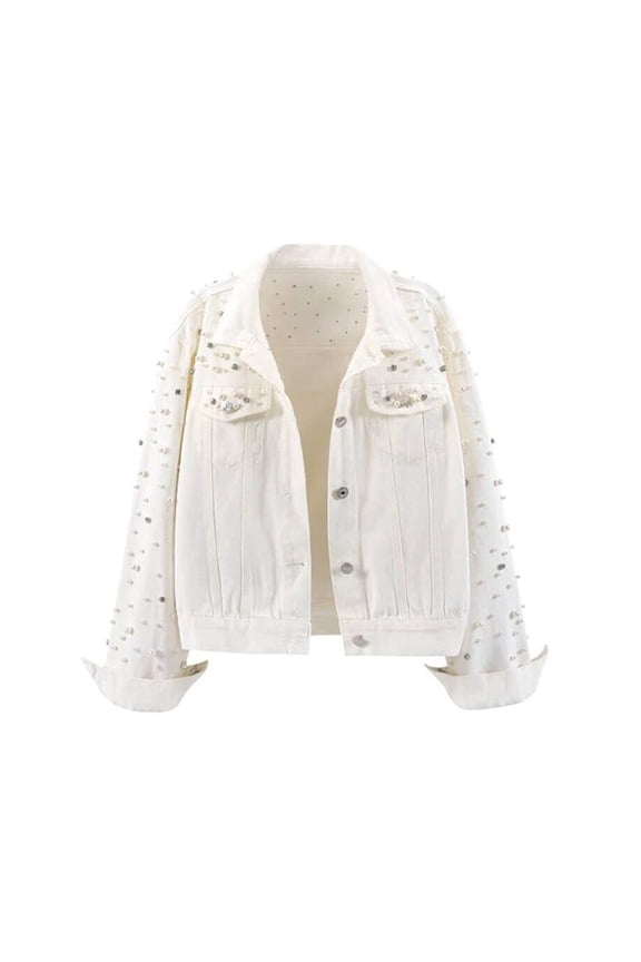 Women's Pearls Denim Jacket Rhinestones Embroidered Pearls Beading Long Sleeve Lapel Cropped Jean Coat with Front Pockets