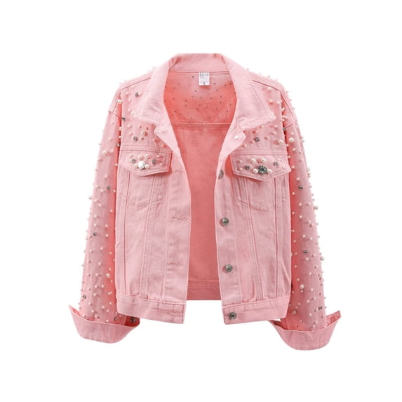 Kilaqueen Women's Pearls Denim Jacket Rhinestones Embroidered Pearls Beading Long Sleeve Lapel Cropped Jean Coat with Front Pockets