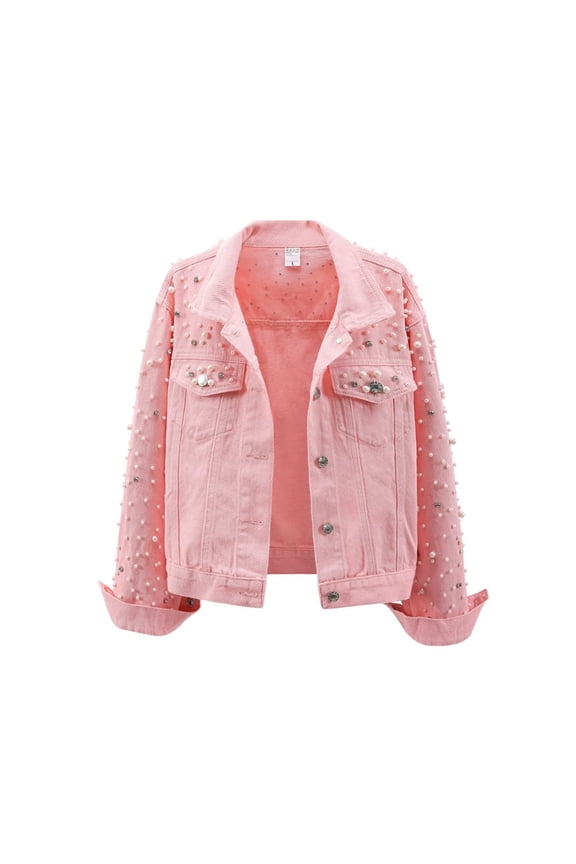 Women's Pearls Denim Jacket Rhinestones Embroidered Pearls Beading Long Sleeve Lapel Cropped Jean Coat with Front Pockets