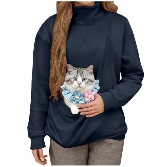 Kilaqueen Women's Pet Pouch Sweatshirt High Neck Long Sleeve Solid Color Pullover Tops with Kangaroo Pocket for Small Dogs and Cats, Puppy Kitten Dog Holder