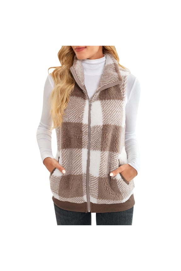 Women's Plaid Fleece Vest Casual Sleeveless Zip Up Winter Warm Flannel Sherpa Jacket with Pockets Cozy Open Front Fuzzy Cardigan Coat Outerwear