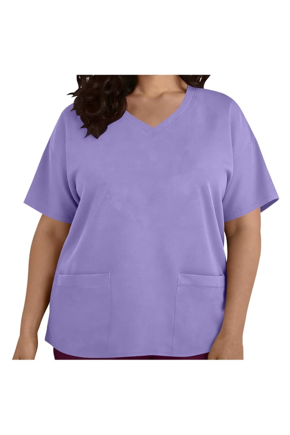Women's Plus Size Scrub Tops Soft Breathable Stretch Medical Uniform Shirts Comfort Nursing Tops for Healthcare Workers, Solid Color V-Neck Short Sleeve Wrinkle-Free Workwear with Pocket